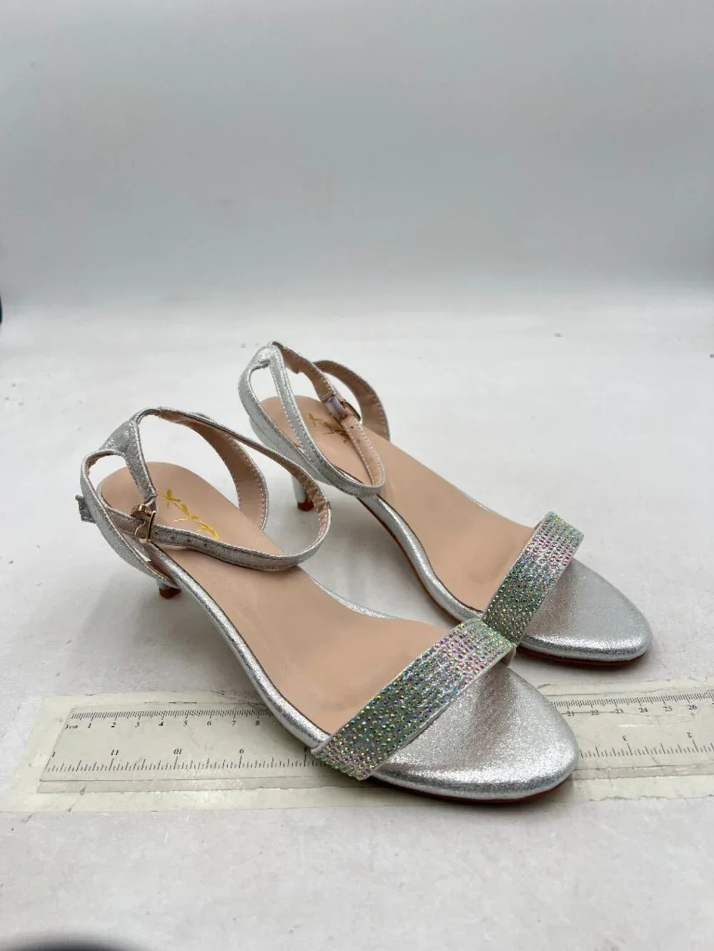 XYD Silver Open Toe Ankle Strap Sandals Wedding Kitten Heels Rhinestones Shoes